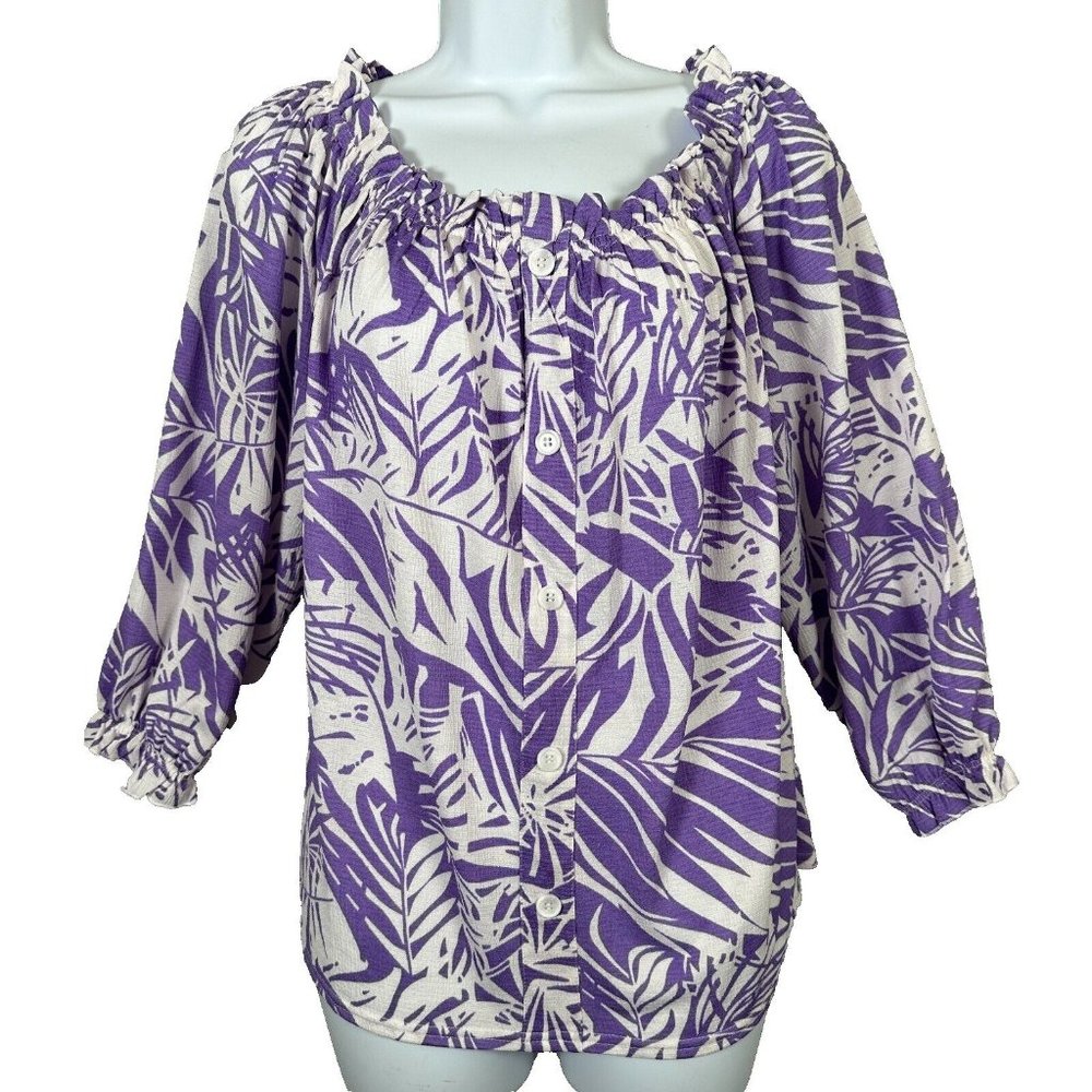 Melloday Blouse Women XL Top Purple Floral Half Sleeve Tropical Elastic Neckline